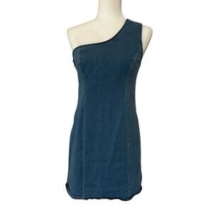Altar’d State One Shoulder Denim Mini Dress Women’s Large Blue Stretch Bodycon